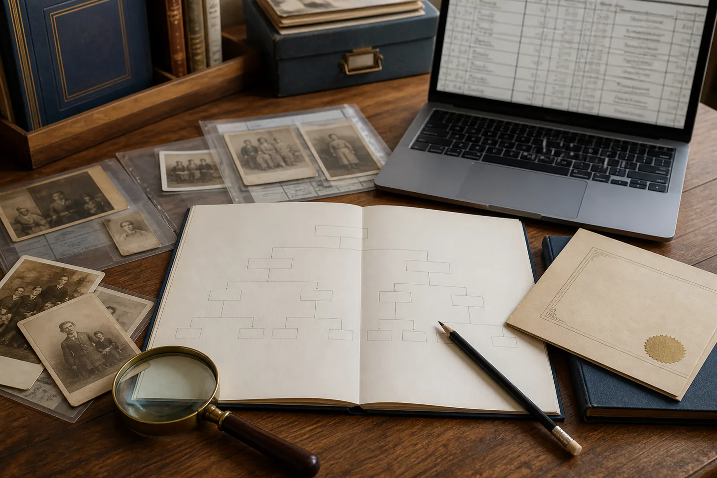 Organised family-history desk with anonymous photographs, archival sleeves, magnifier, laptop with a blurred census grid and an unlabelled tree chart
