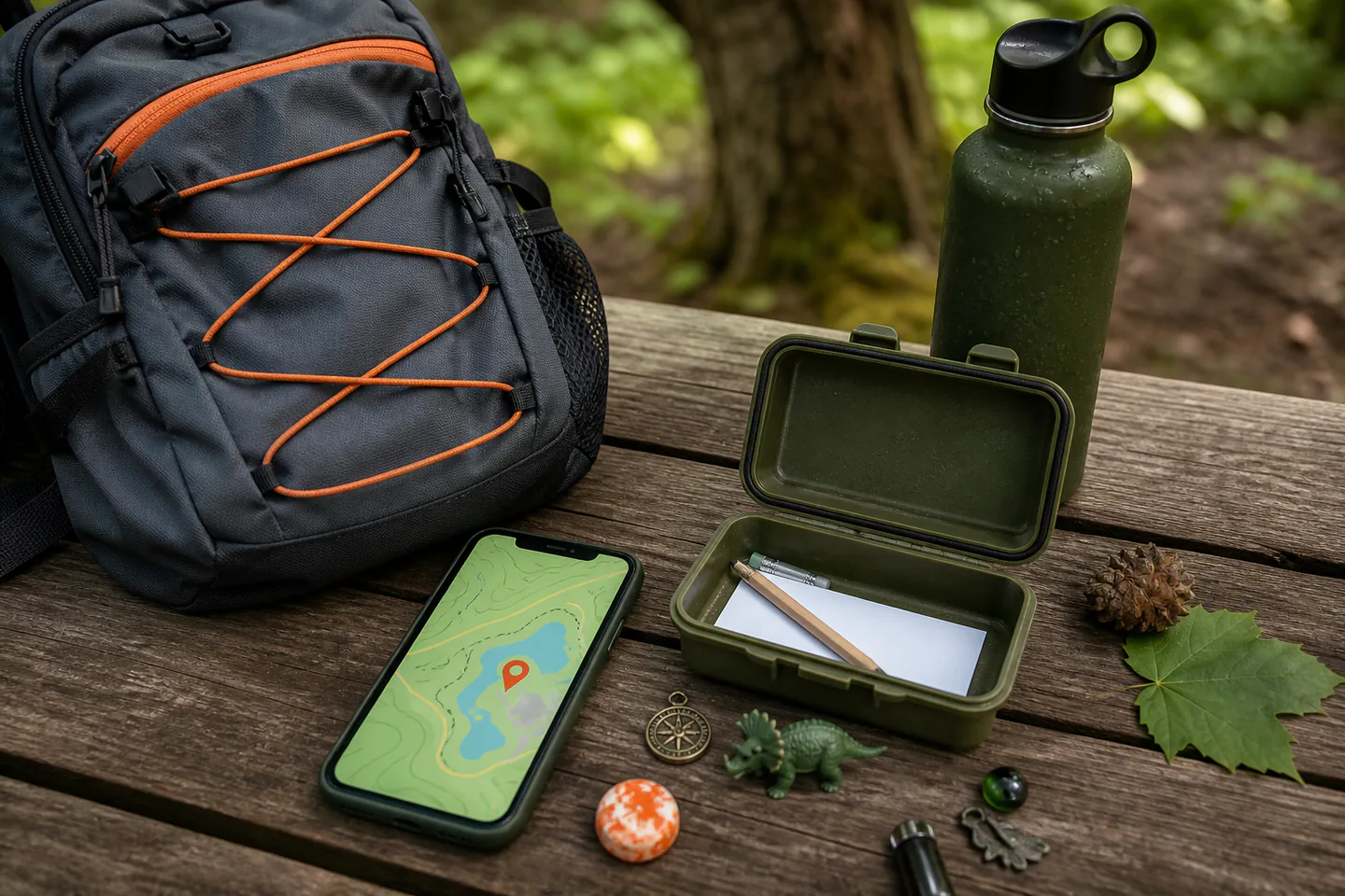Smartphone with a generic map beside an open weatherproof cache, blank log strip, pencil, trinkets, water bottle and day bag on a woodland bench