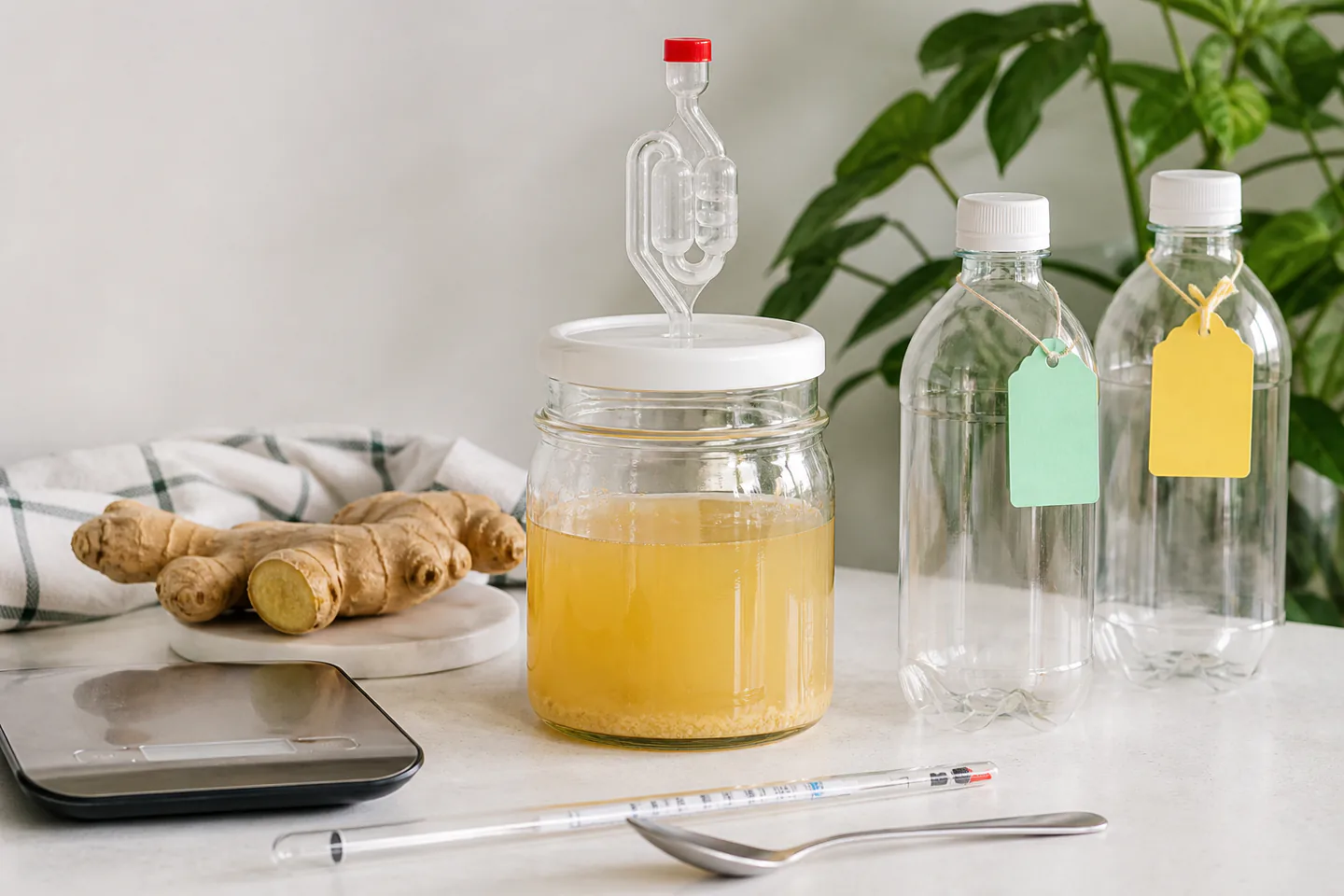 Small glass fermentation jar with ginger liquid, airlock, digital scale, sanitised spoon and labelled pressure-safe plastic bottles