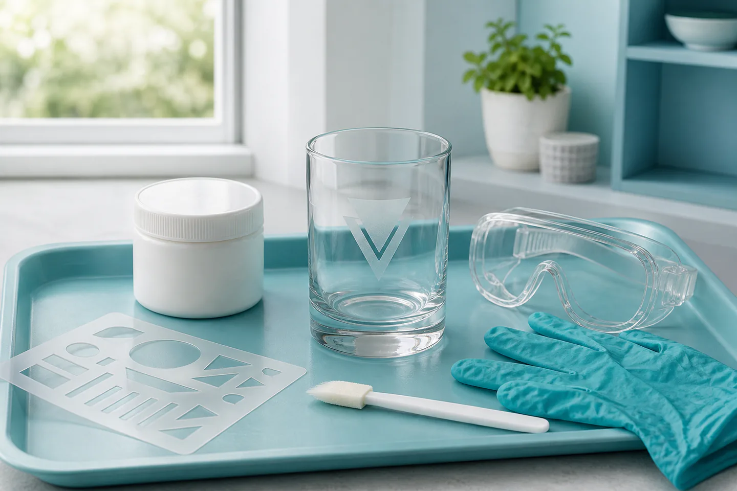 Small frosted geometric design on a plain glass tumbler beside sealed etching-cream jar, vinyl stencil, applicator and protective eyewear
