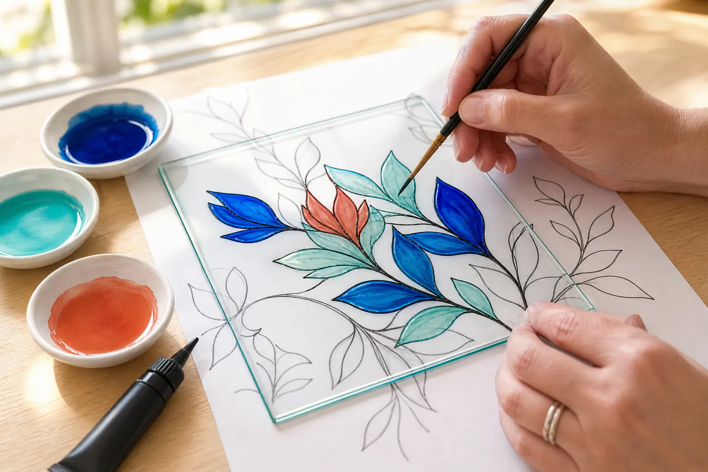 Hands painting a translucent botanical motif on a flat glass pane with purpose-made craft paint