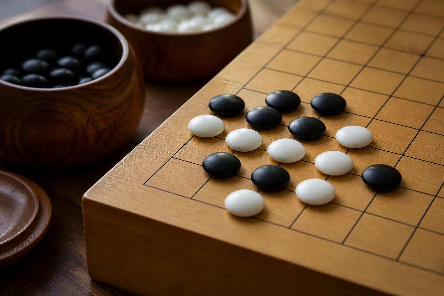 Close cropped view of black and white Go stones placed on grid intersections beside two wooden stone bowls