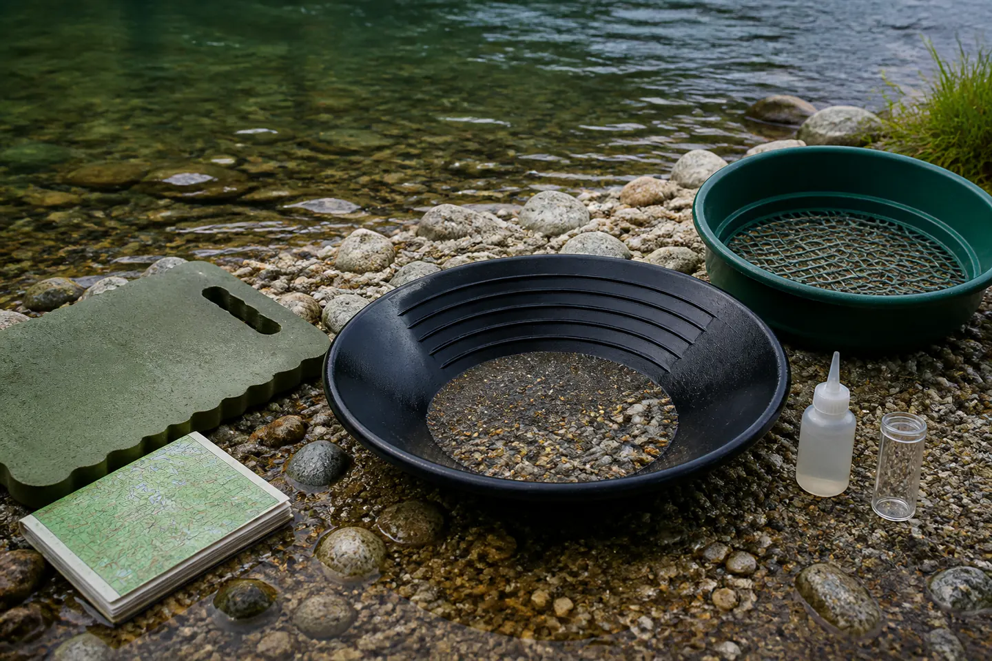 Black gold pan with gravel and a few tiny gold-coloured flakes beside a classifier, snuffer bottle, empty vial, kneeling pad and closed permission map at a shallow stream edge