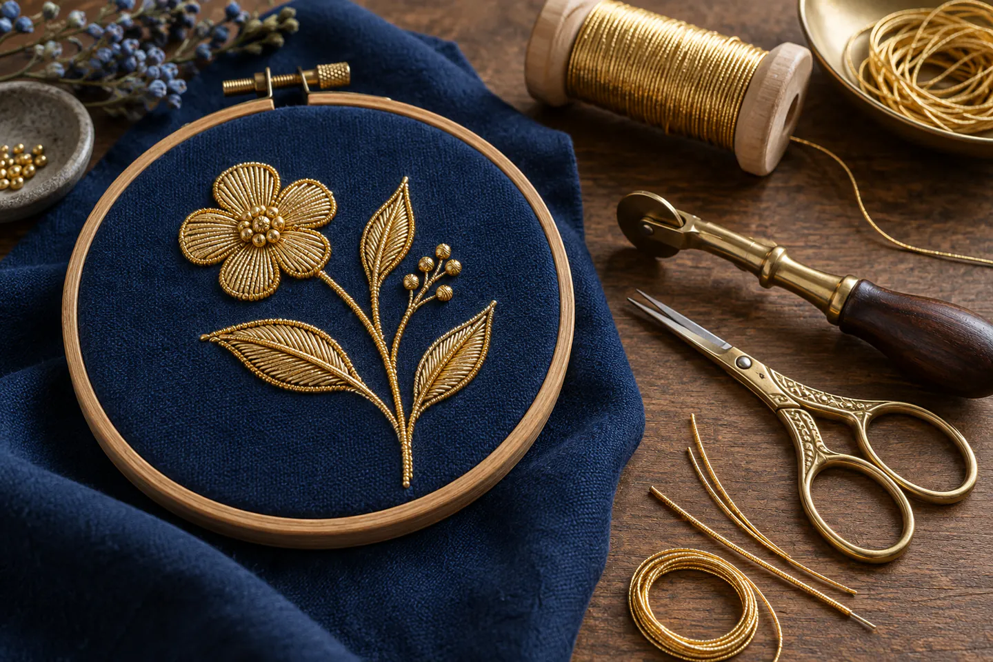 A dark-blue embroidery hoop with a small botanical goldwork motif beside metallic purl, couching thread, fine scissors and laying tool
