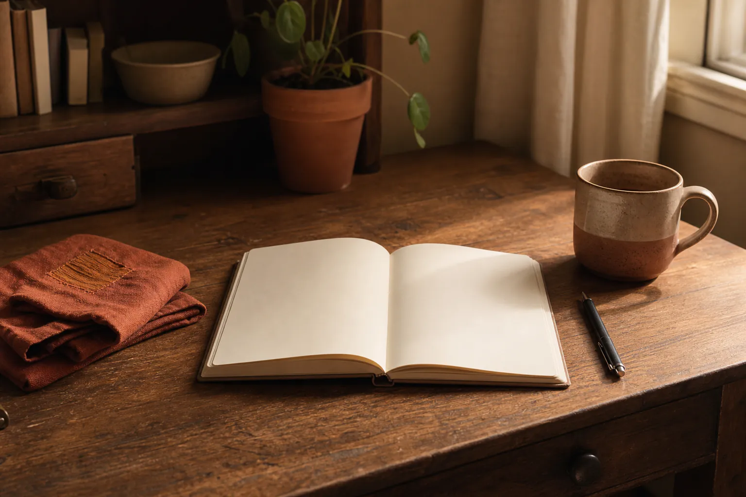 Plain open journal, pen and cup beside a small everyday keepsake in warm evening light without visible writing