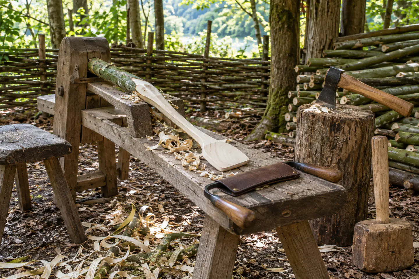 A carefully arranged beginner green woodworking workspace showing the core materials, tools and one small finished example