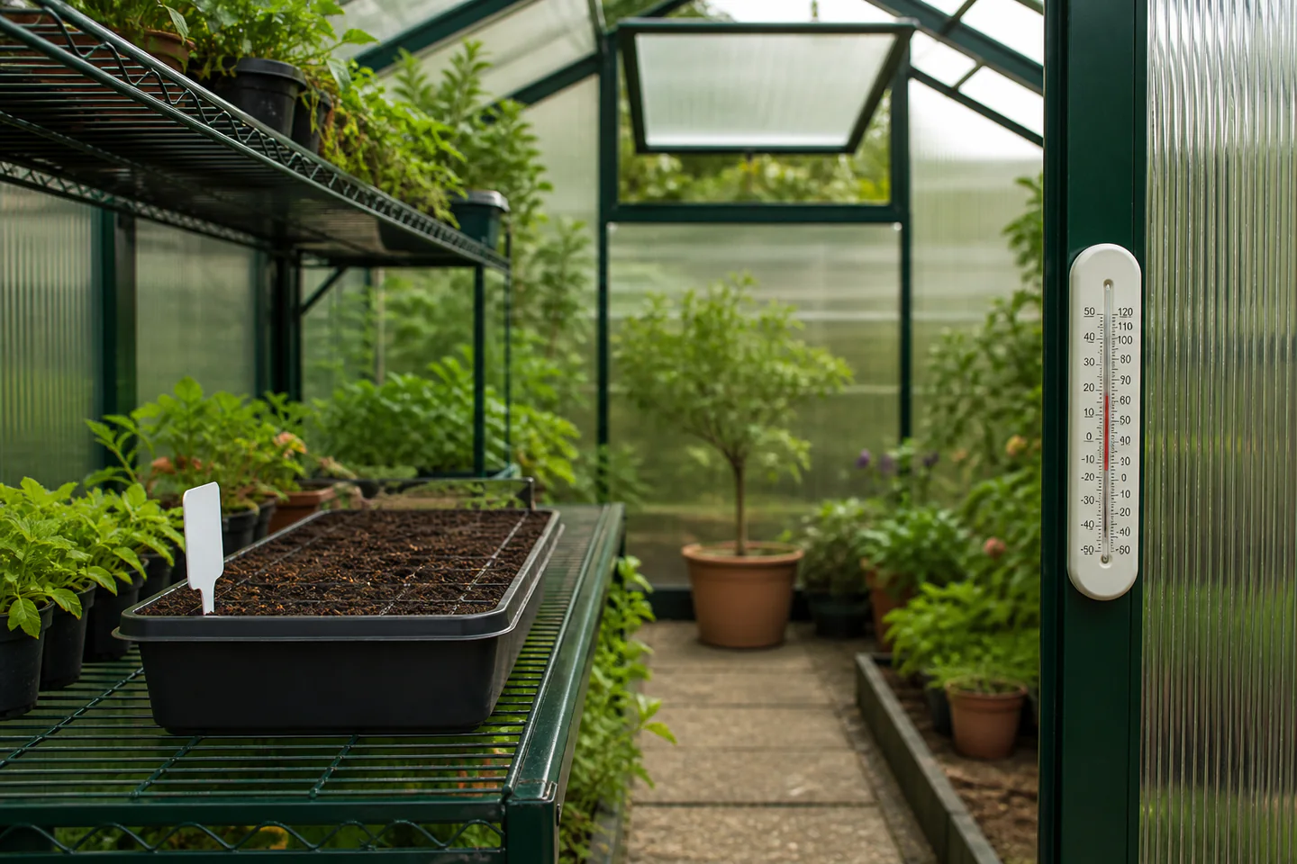 A tidy small greenhouse shelf with seed trays, maximum minimum thermometer and open vent in bright controlled light