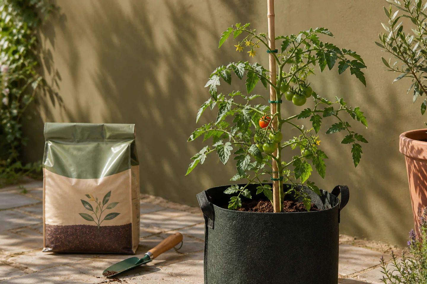 Young tomato planted in a large fabric grow bag beside a stable bamboo support on a sunny patio