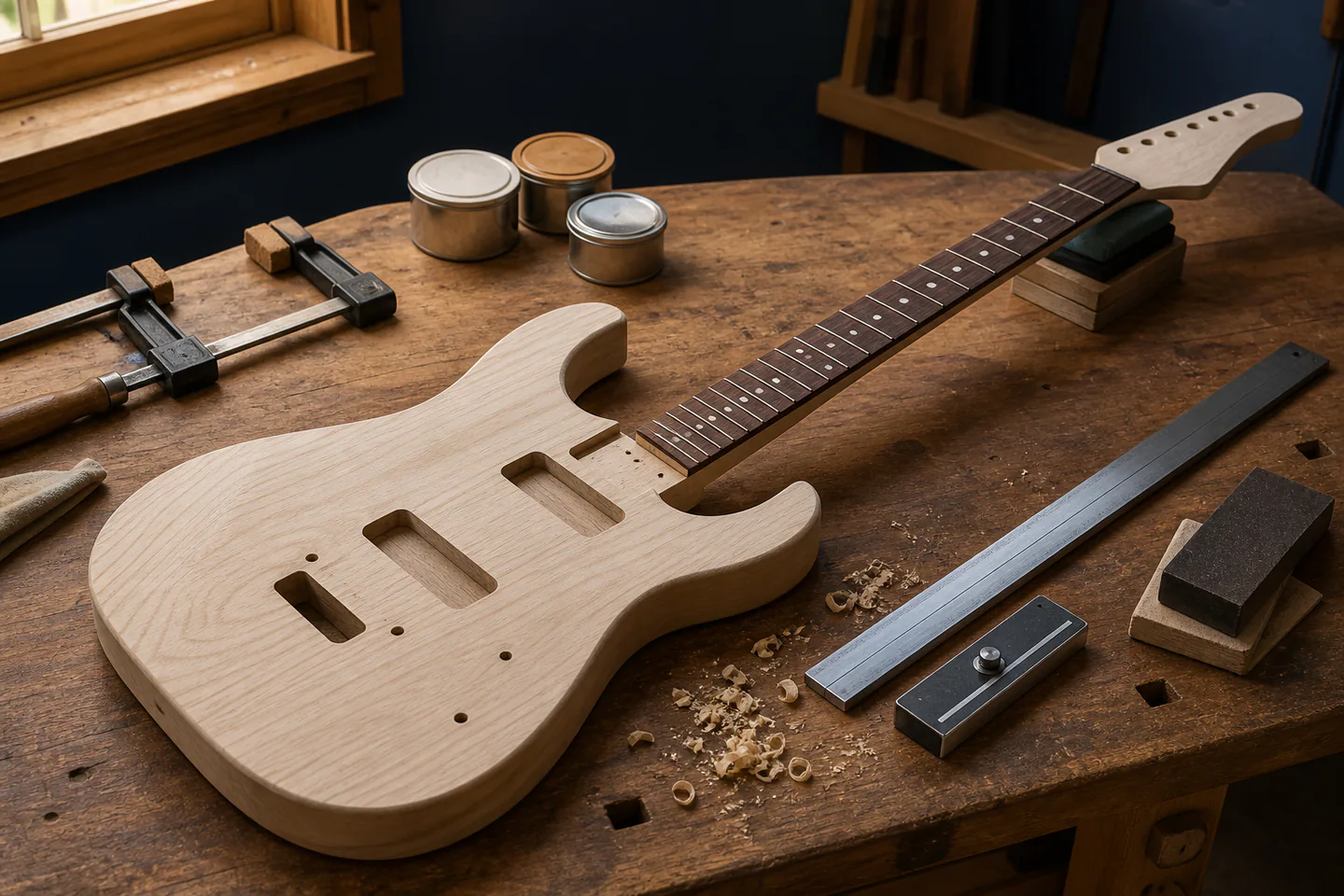 Unbranded unfinished bolt-on electric guitar kit with body, neck, bridge, tuners, clamps, caliper, straightedge and wiring diagram on workbench