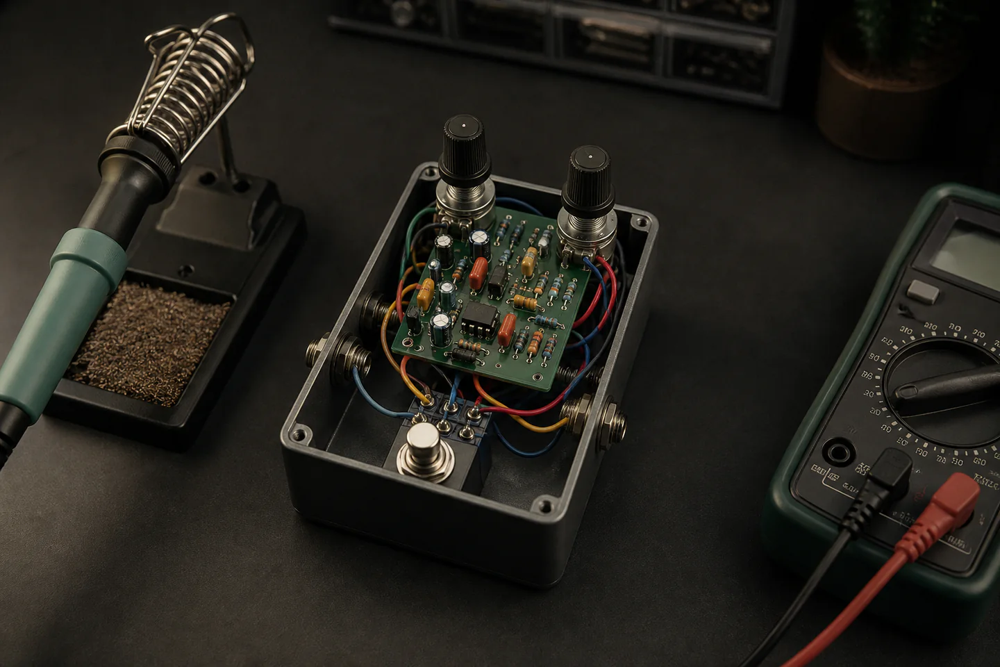 An open guitar effects pedal enclosure with a small populated circuit board, footswitch, jacks and neatly arranged hand tools on a dark electronics bench, no people, text or logos