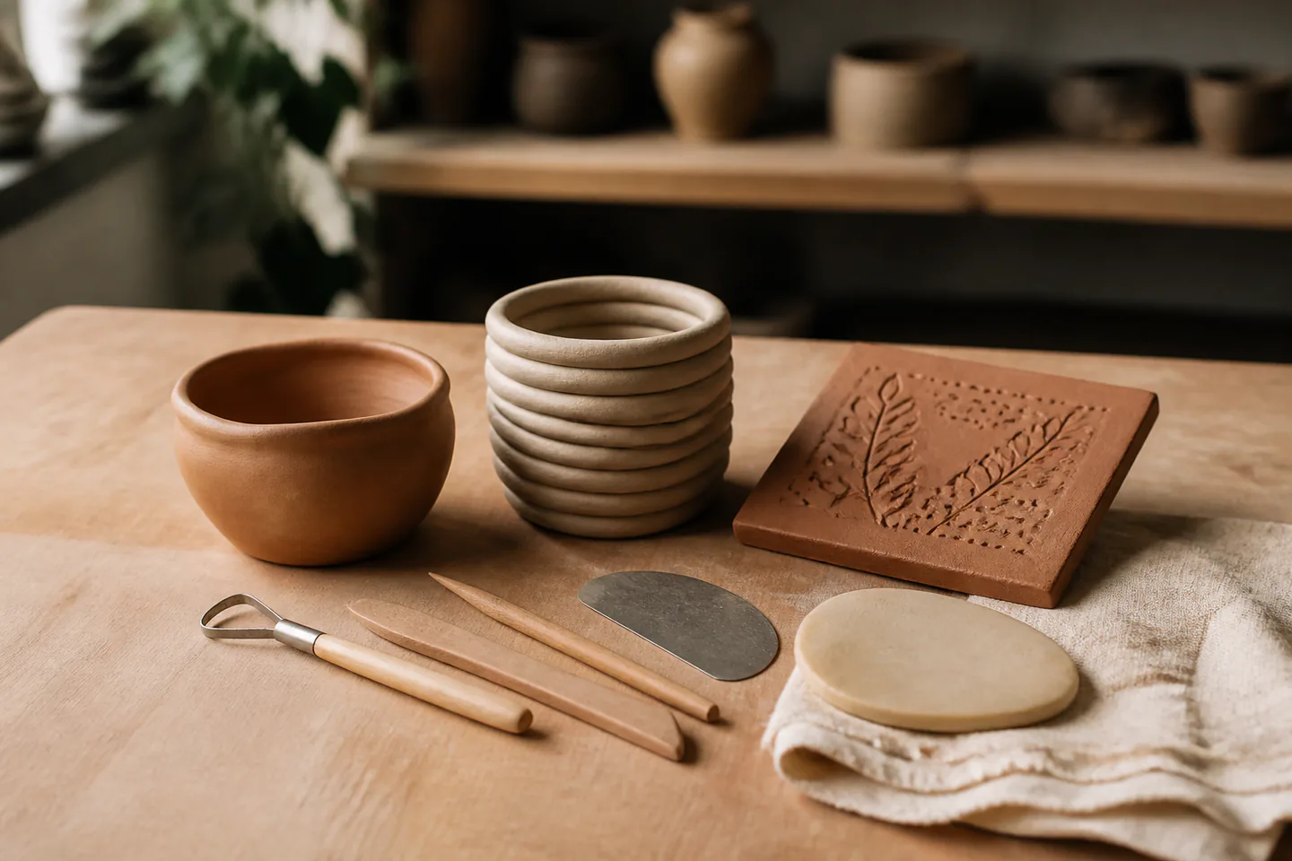 Finished pinch pot, coiled cup and leather-hard slab tile beside clay tools on a clean pottery work board