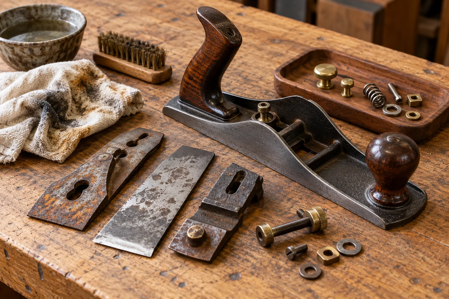 Disassembled vintage hand plane and cleaned parts arranged on a tidy wooden restoration bench