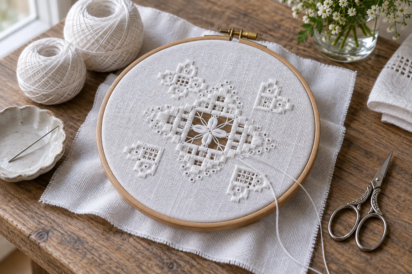 A carefully arranged beginner hardanger embroidery workspace showing the core materials, tools and one small finished example