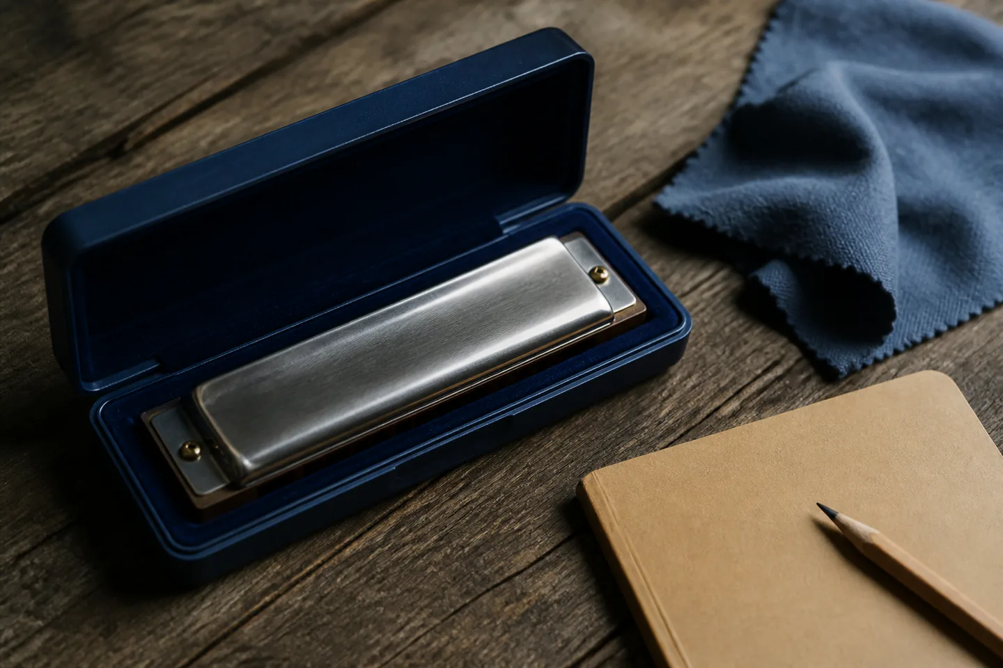 Diatonic harmonica resting in a plain open case beside a blue cleaning cloth and blank notebook on a wooden table