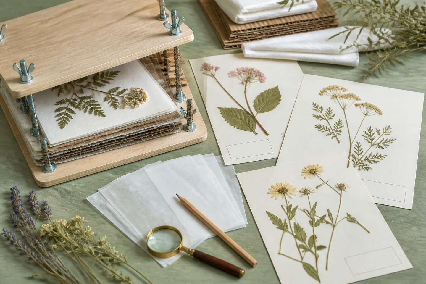 Open wooden flower press beside dried botanical specimens on archival sheets with blank label boxes, blotting paper, pencil and magnifier