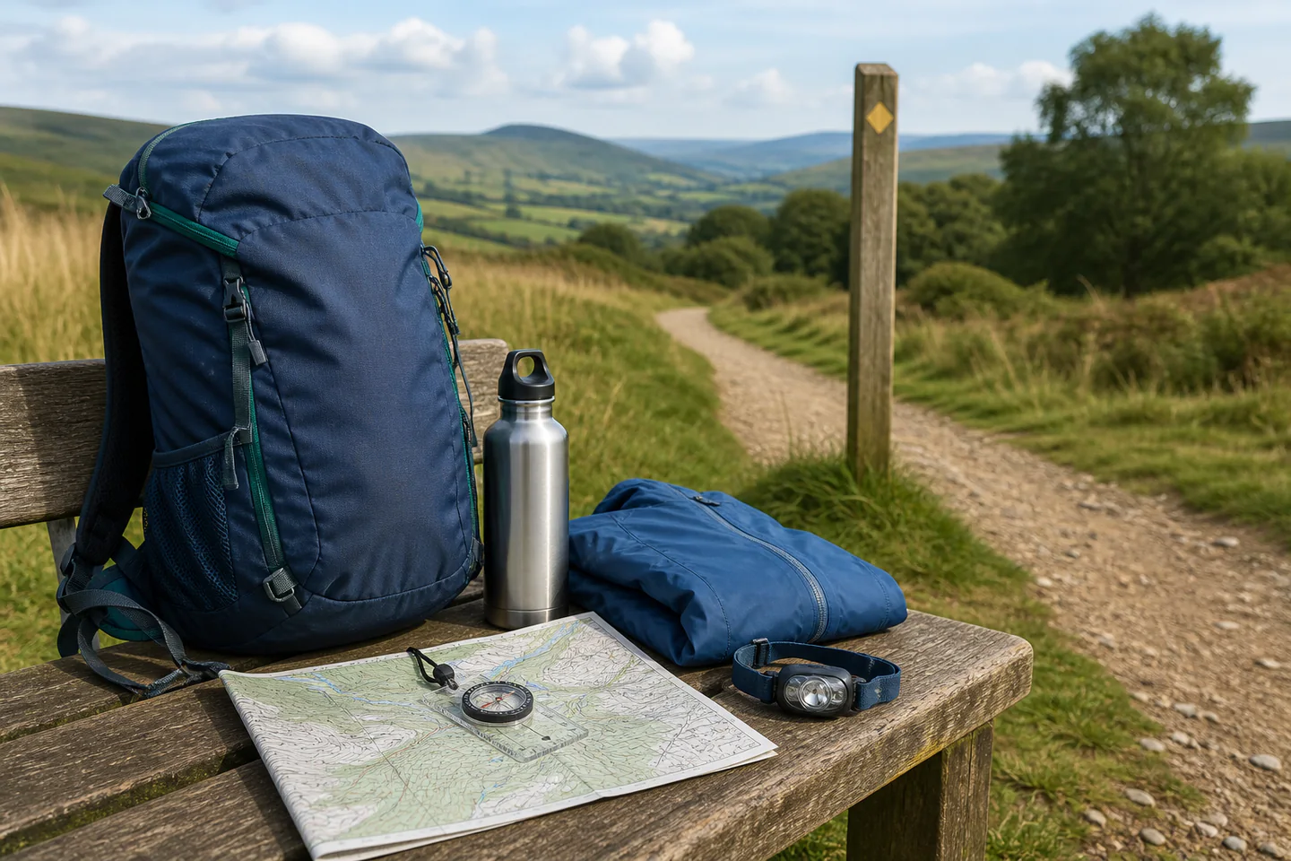 A small hiking daypack, folded map, baseplate compass, water bottle and waterproof jacket on a bench beside a clear countryside footpath, no people, logos or text