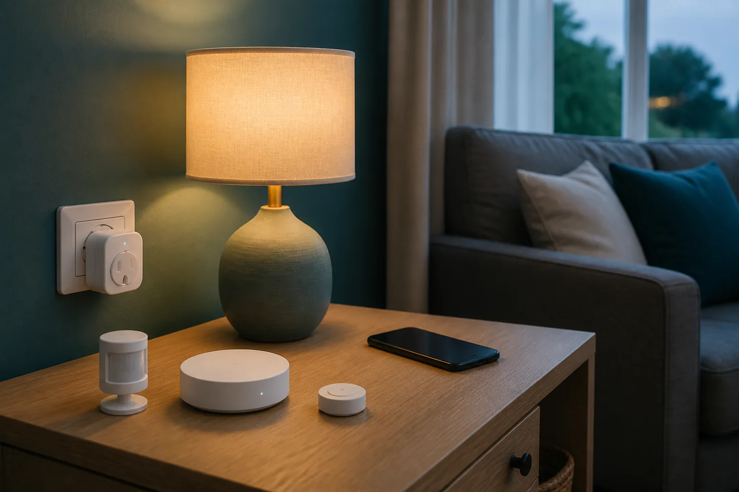 Table lamp connected through a UK smart plug beside a small hub, motion sensor and wireless button