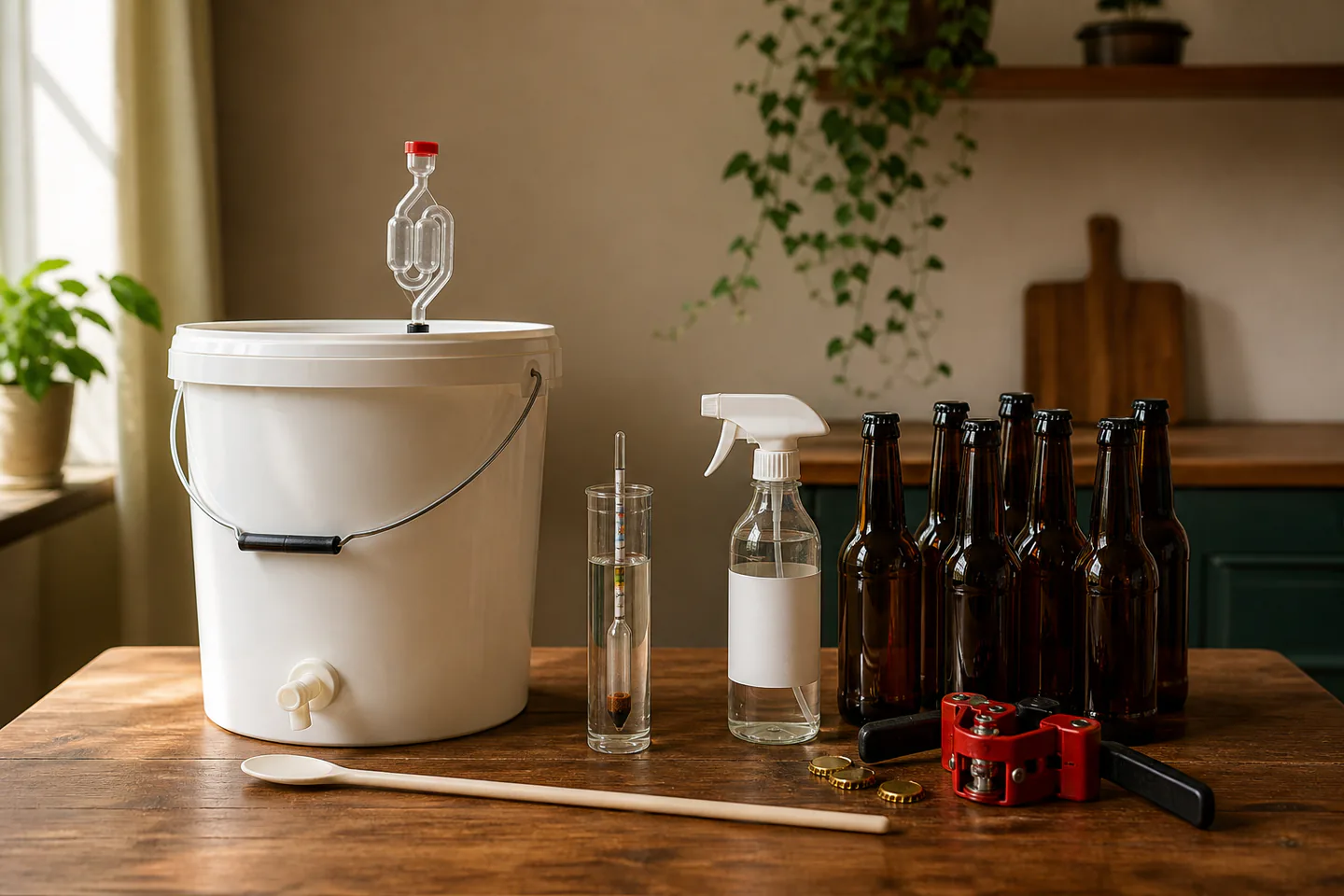 Lidded homebrew fermenter with tap beside hydrometer, trial jar, sanitiser bottle, brewing spoon and capped brown bottles on a clean utility-room bench with no people or text