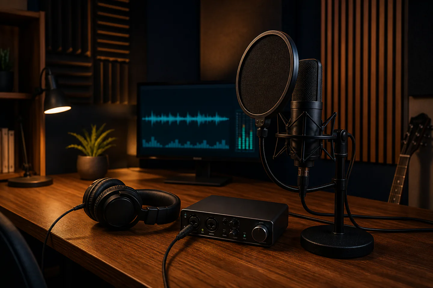 Unbranded home recording desk with side-address microphone on stand, compact audio interface, closed headphones and laptop showing simple audio waveform