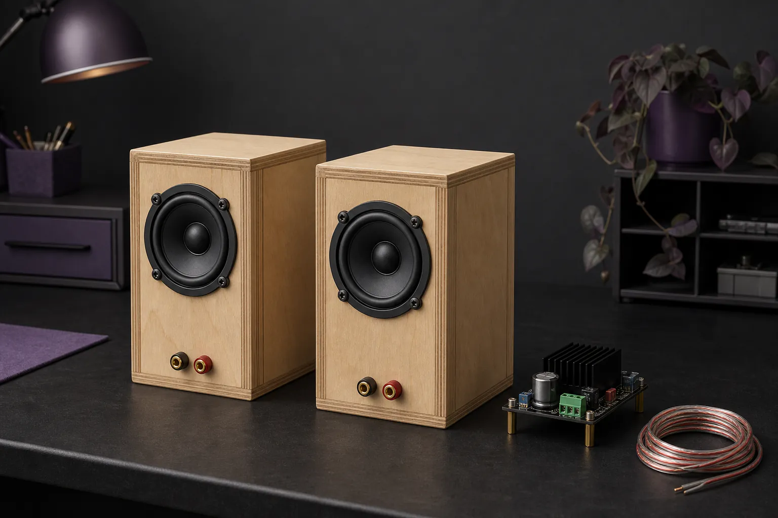 Pair of compact unfinished wooden desktop speakers beside a small amplifier board and neatly coiled speaker wire with no text