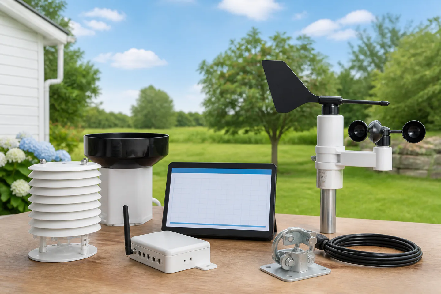 Wireless weather-station sensor suite with radiation shield, tipping-bucket gauge, anemometer, wind vane and data logger before garden installation