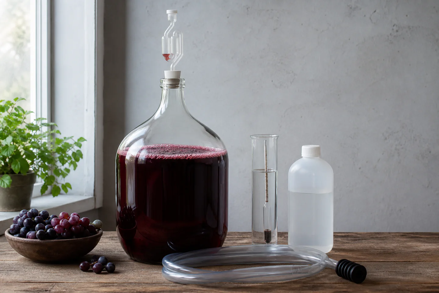 One-gallon glass demijohn of red wine fermenting under an airlock beside siphon, hydrometer and notebook