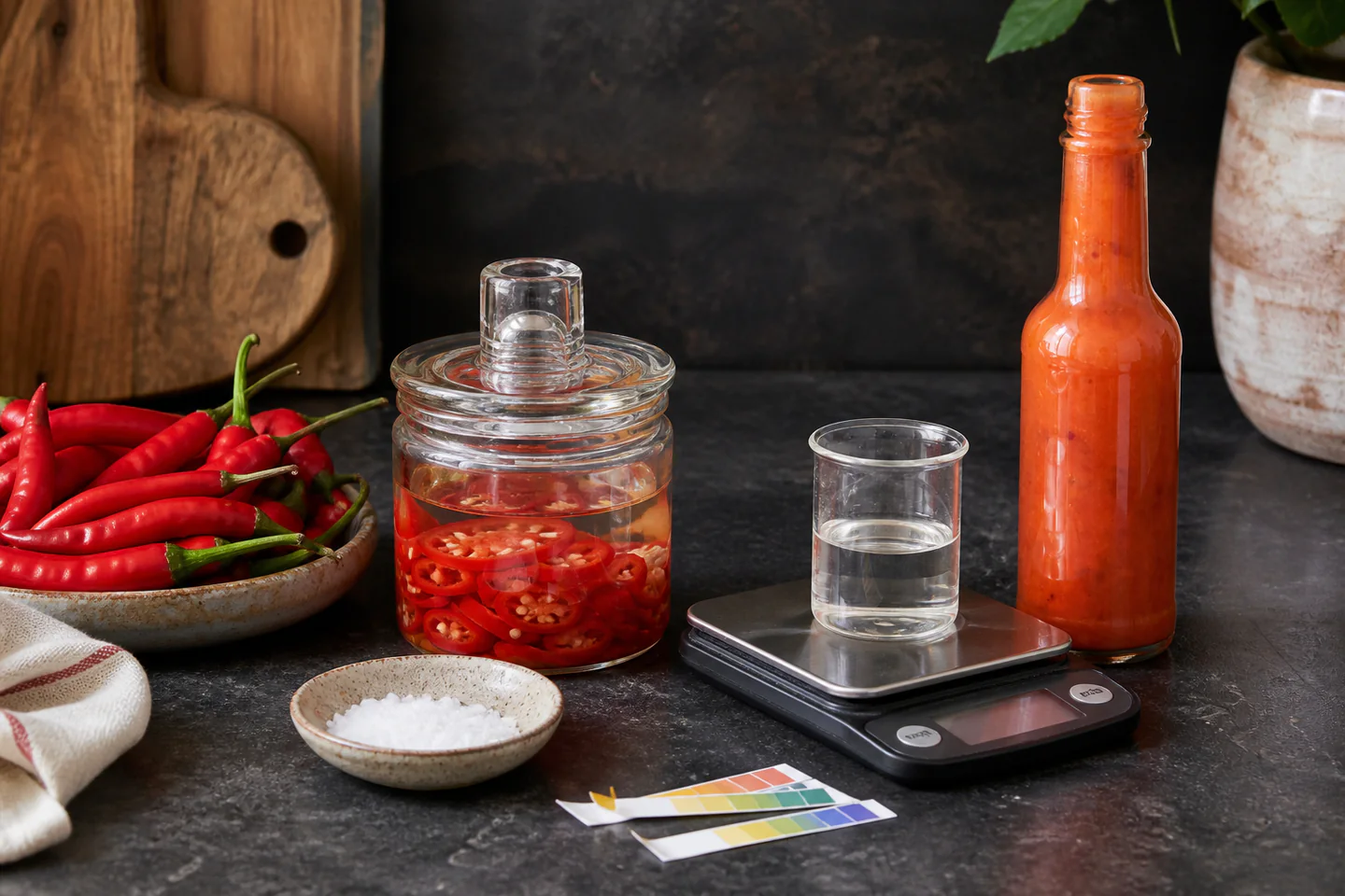 Three small unlabelled hot-sauce bottles beside red chillies, a fermentation jar, digital scale and pH strips