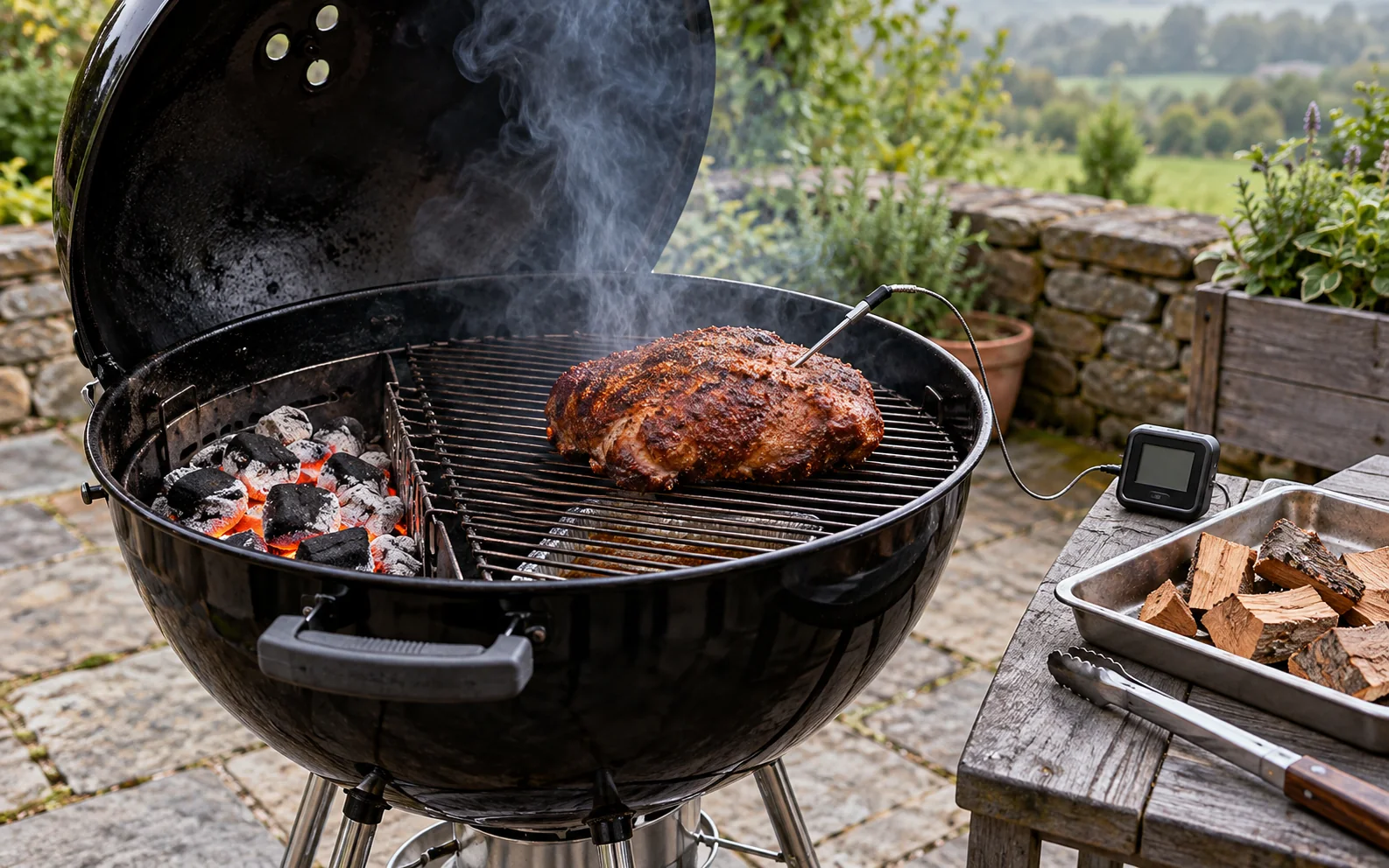 Pork shoulder over indirect charcoal heat in an outdoor lidded grill, with a probe thermometer and cooking wood nearby