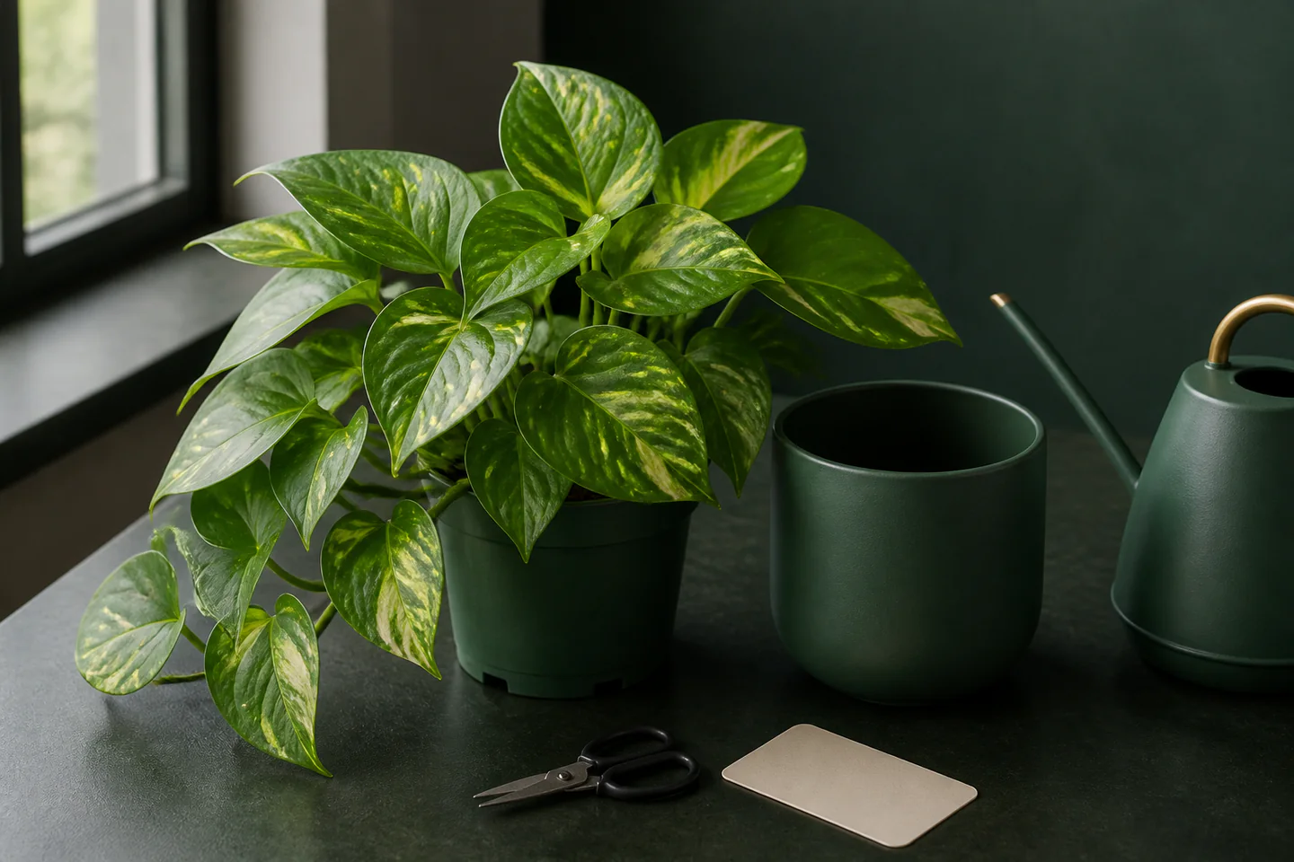 One healthy pothos houseplant beside a watering can, clean snips and a simple care note near a bright window