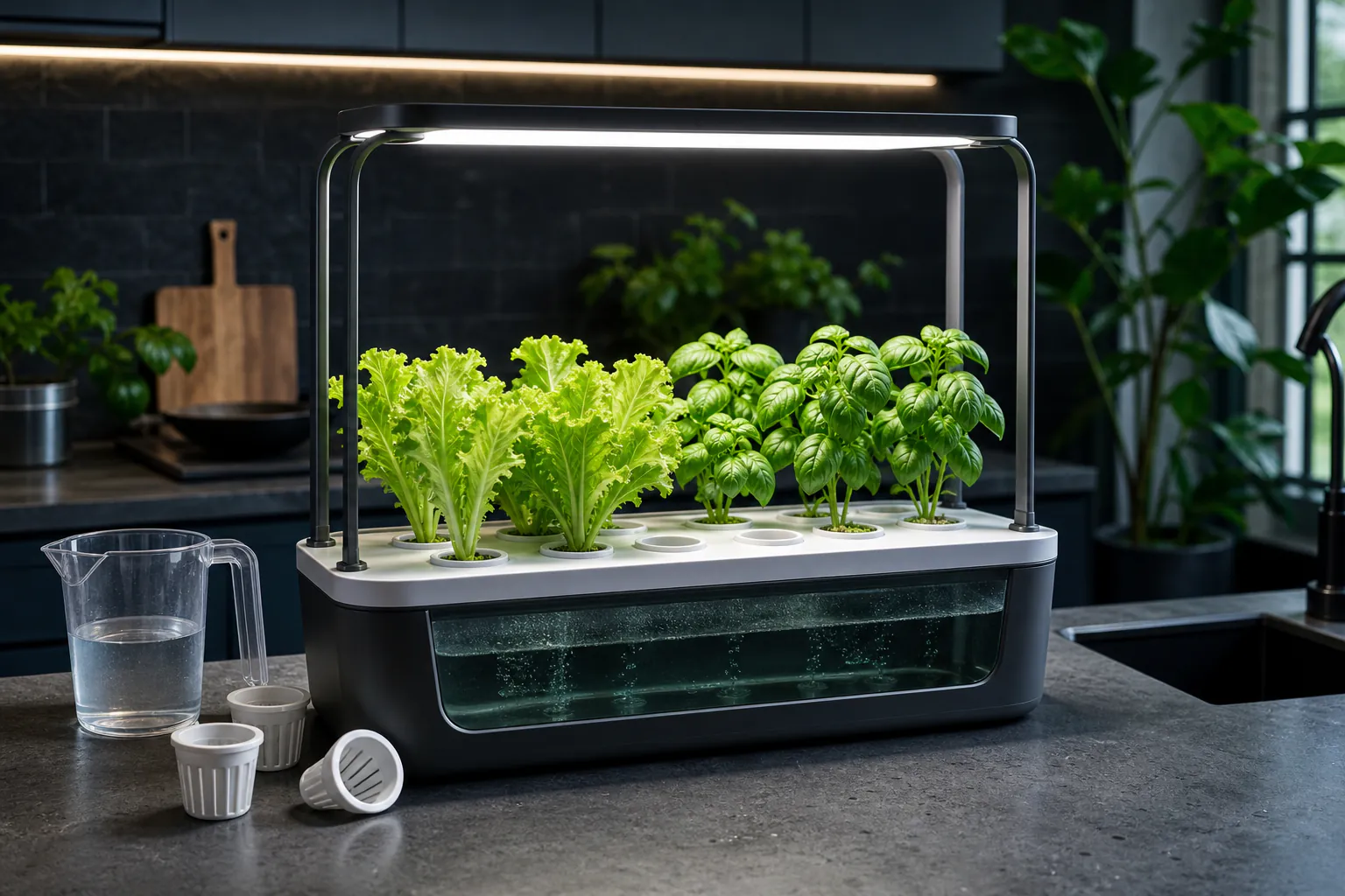 Compact countertop hydroponic garden with young lettuce and basil, visible water reservoir and white LED light