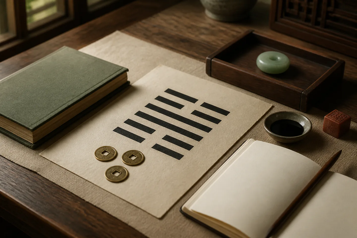 Three brass coins beside six black and broken line tiles, a closed clothbound translation, blank journal and small wooden tray