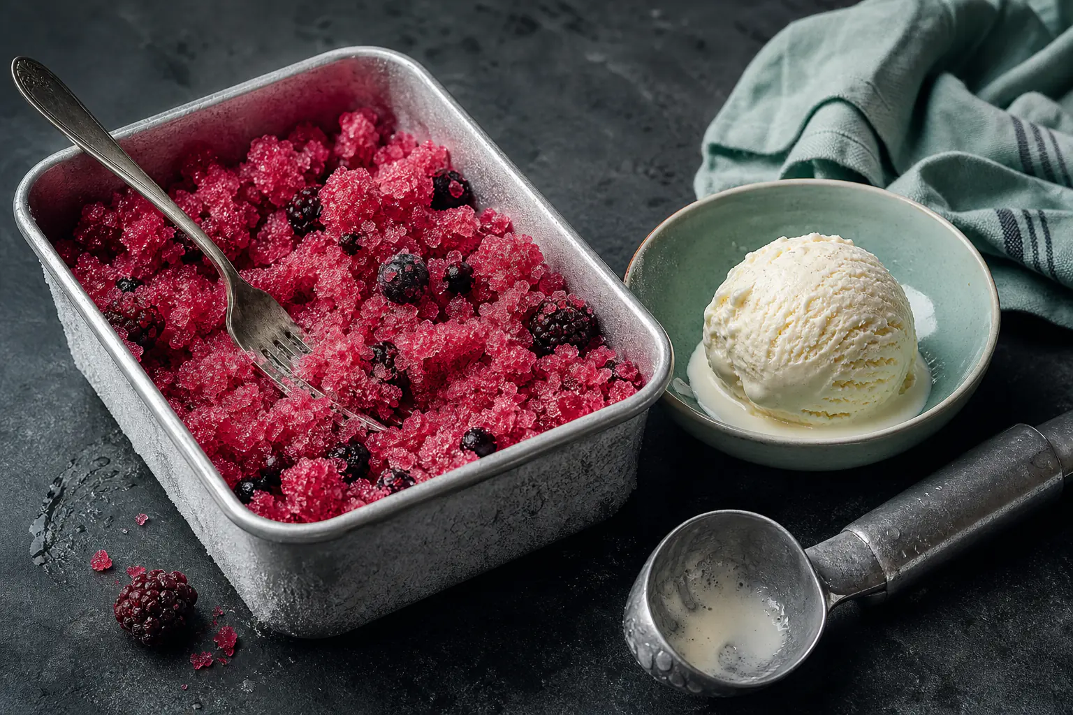Scoop of homemade berry sorbet and vanilla ice cream beside a chilled metal container and ice cream scoop