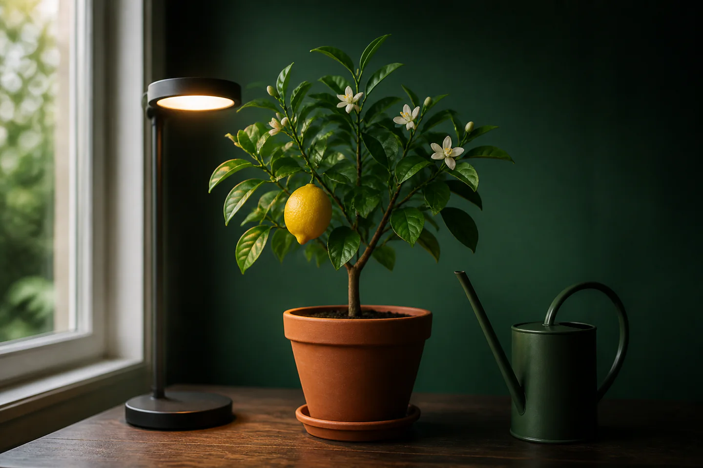 A compact indoor lemon tree with glossy leaves and one yellow fruit in a terracotta pot beside a small grow light and watering can, no people, text or logos