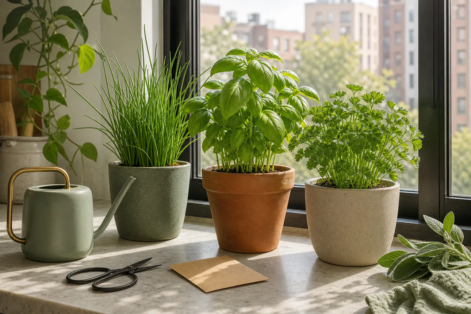 Healthy pot of chives on a bright kitchen windowsill beside scissors, seed packet and a small watering can