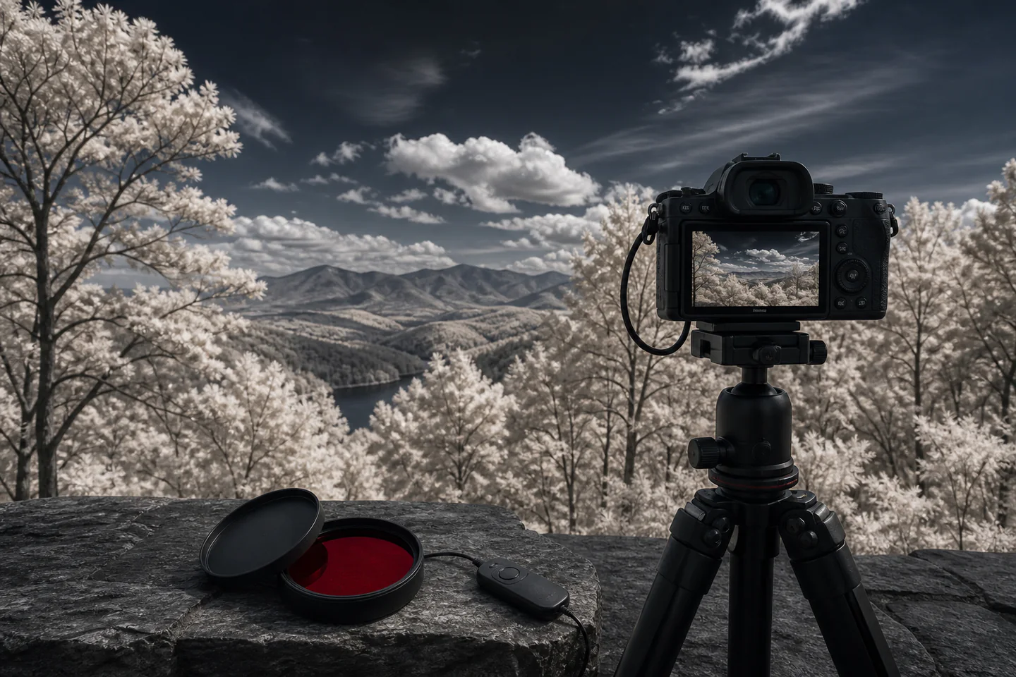 A mirrorless camera on a tripod beside a dark red infrared filter and a finished monochrome landscape with pale foliage and a dark sky, no people, logos or text