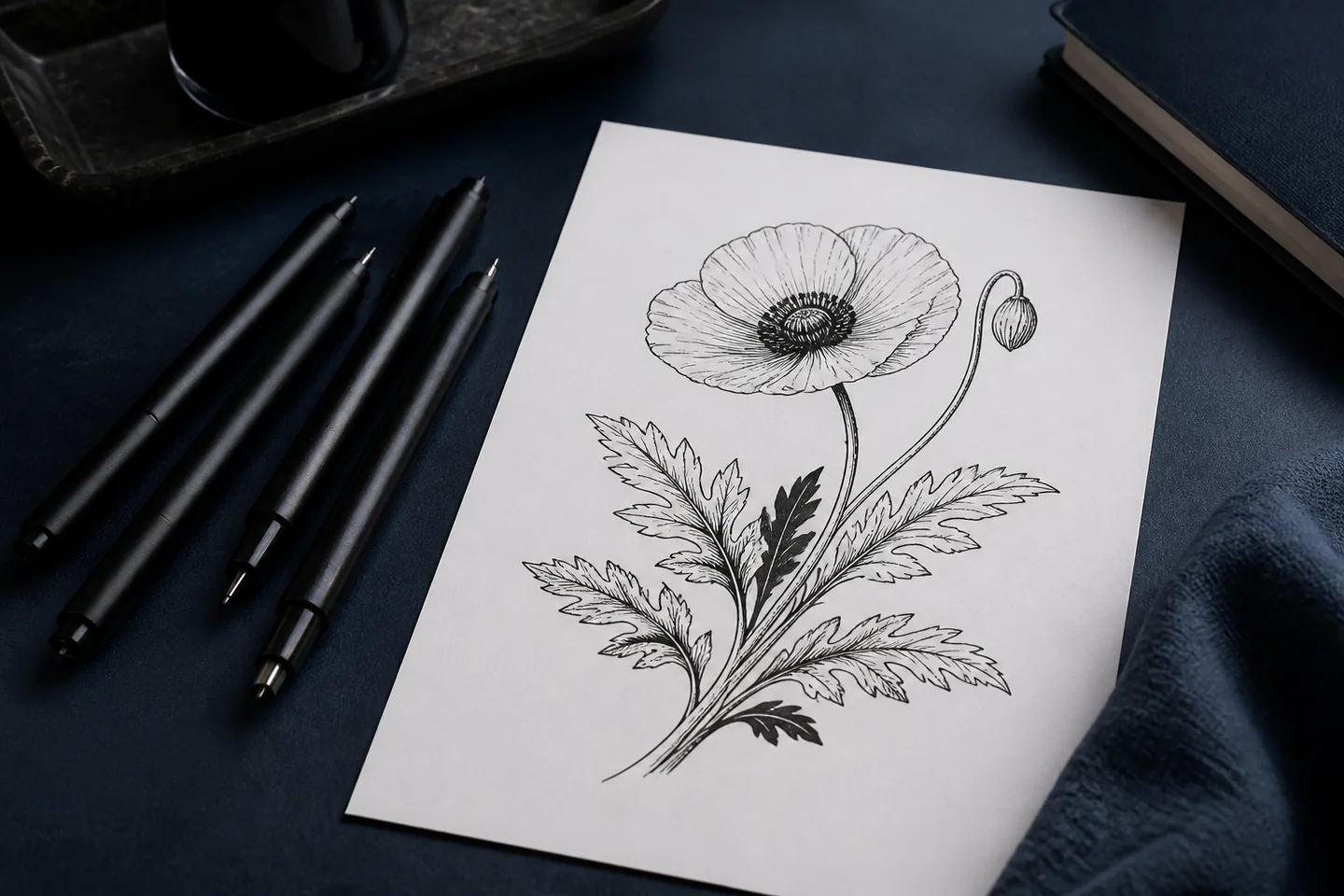 Black fineliner pens beside a small botanical ink study with contour and cross-hatching on white Bristol paper over a deep blue desk with no text, logos or people