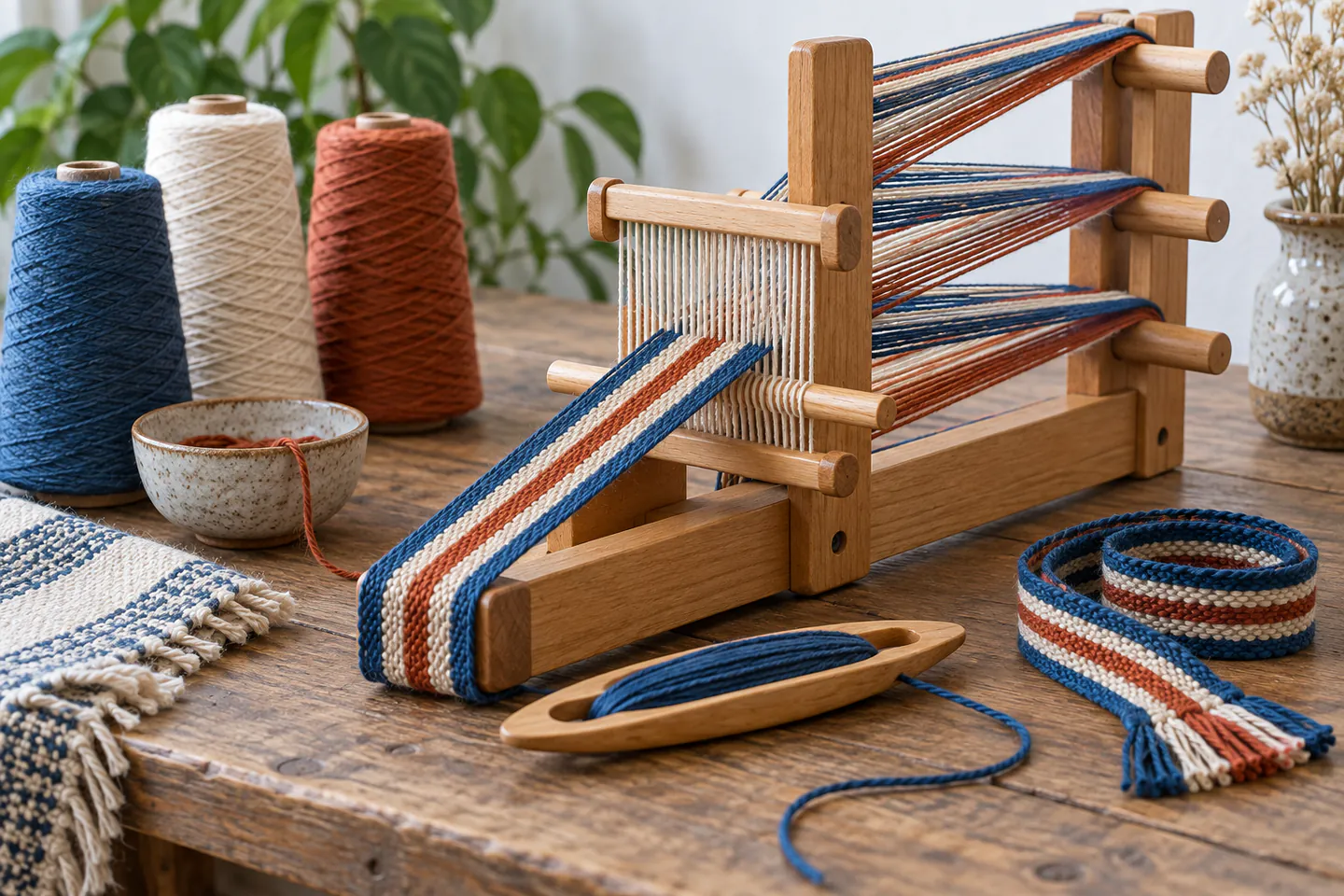 A compact wooden inkle loom warped in blue, cream and rust with a narrow striped band, belt shuttle and yarn nearby