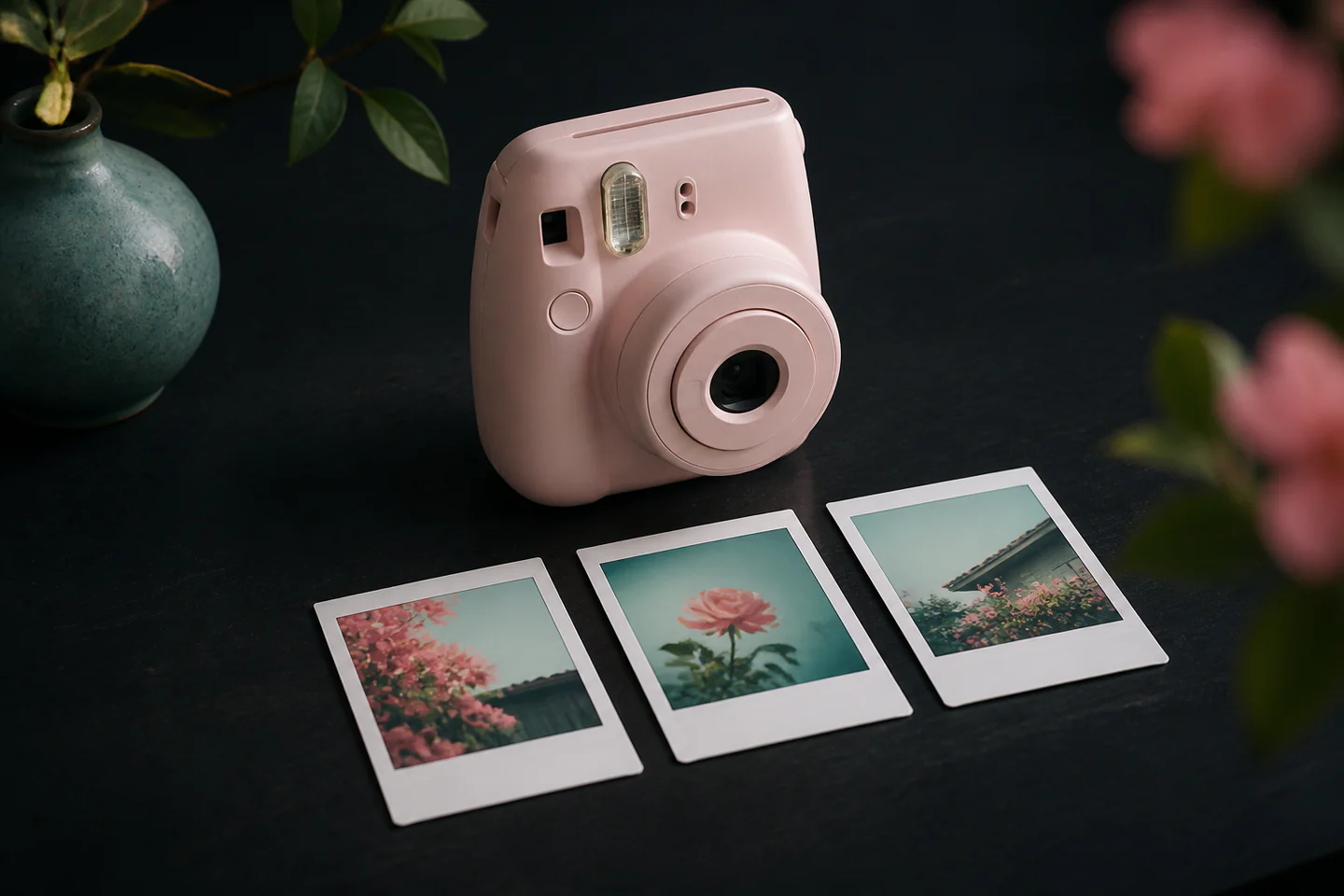 A compact pastel instant camera beside three developing instant prints showing simple garden shapes on a dark table, no people, text or logos