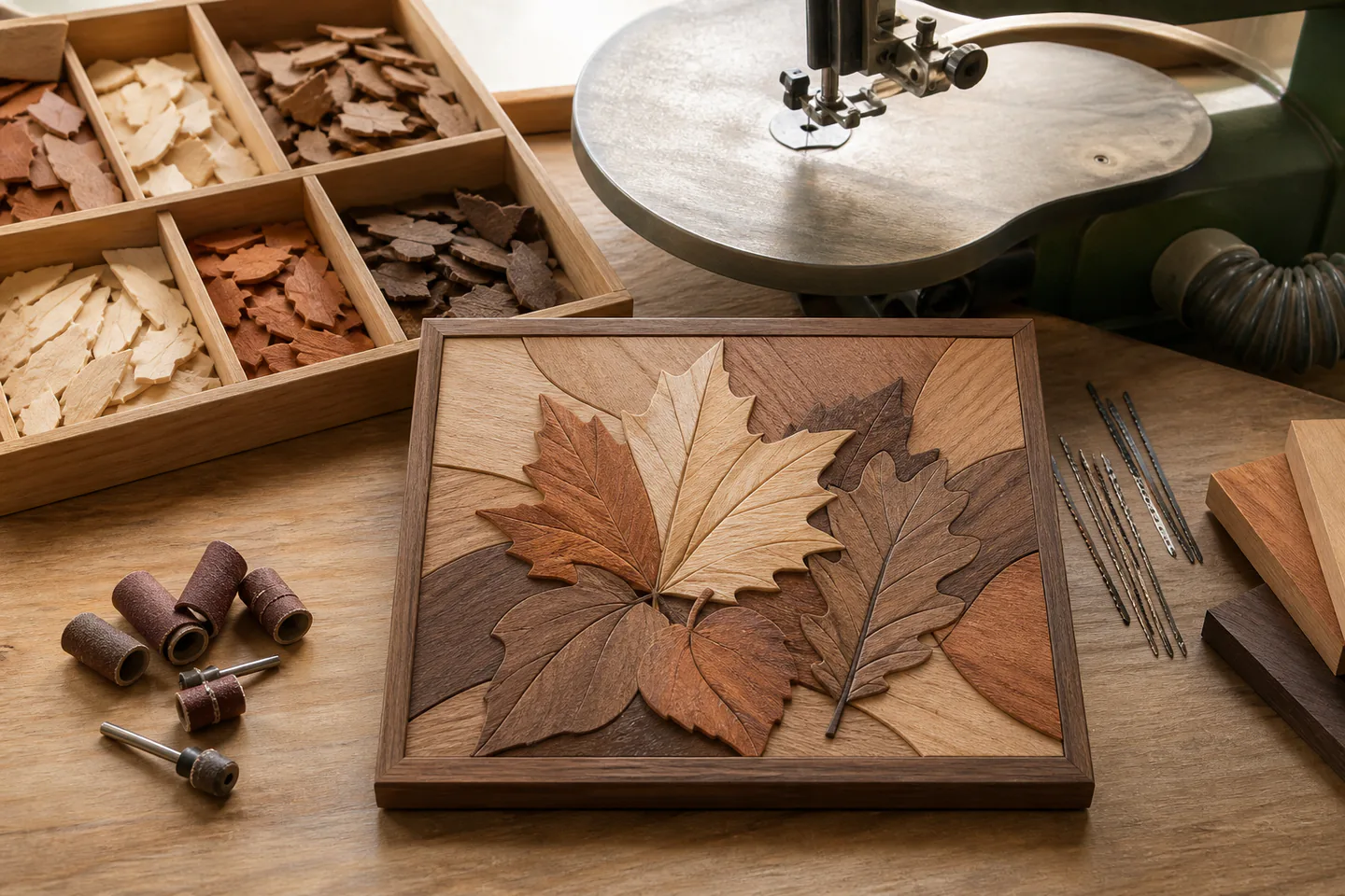 Small unfinished intarsia leaf picture with fitted light and dark wood pieces beside scroll saw blades and sanding drums