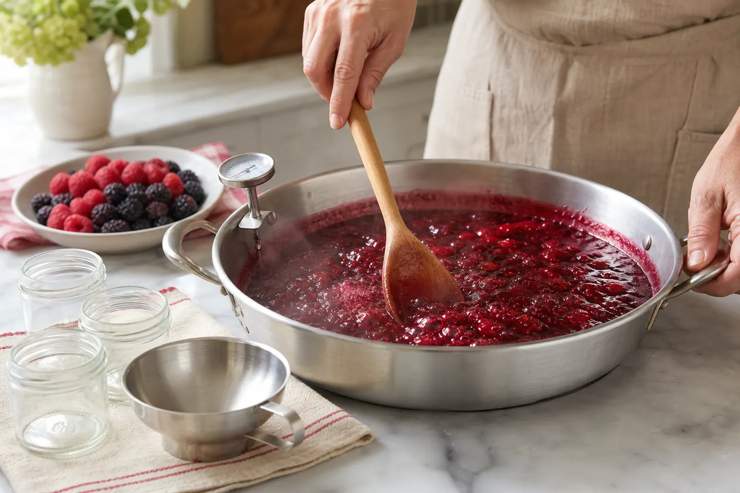 Berries cooking in a wide pan beside a jam thermometer and clean warm glass jars