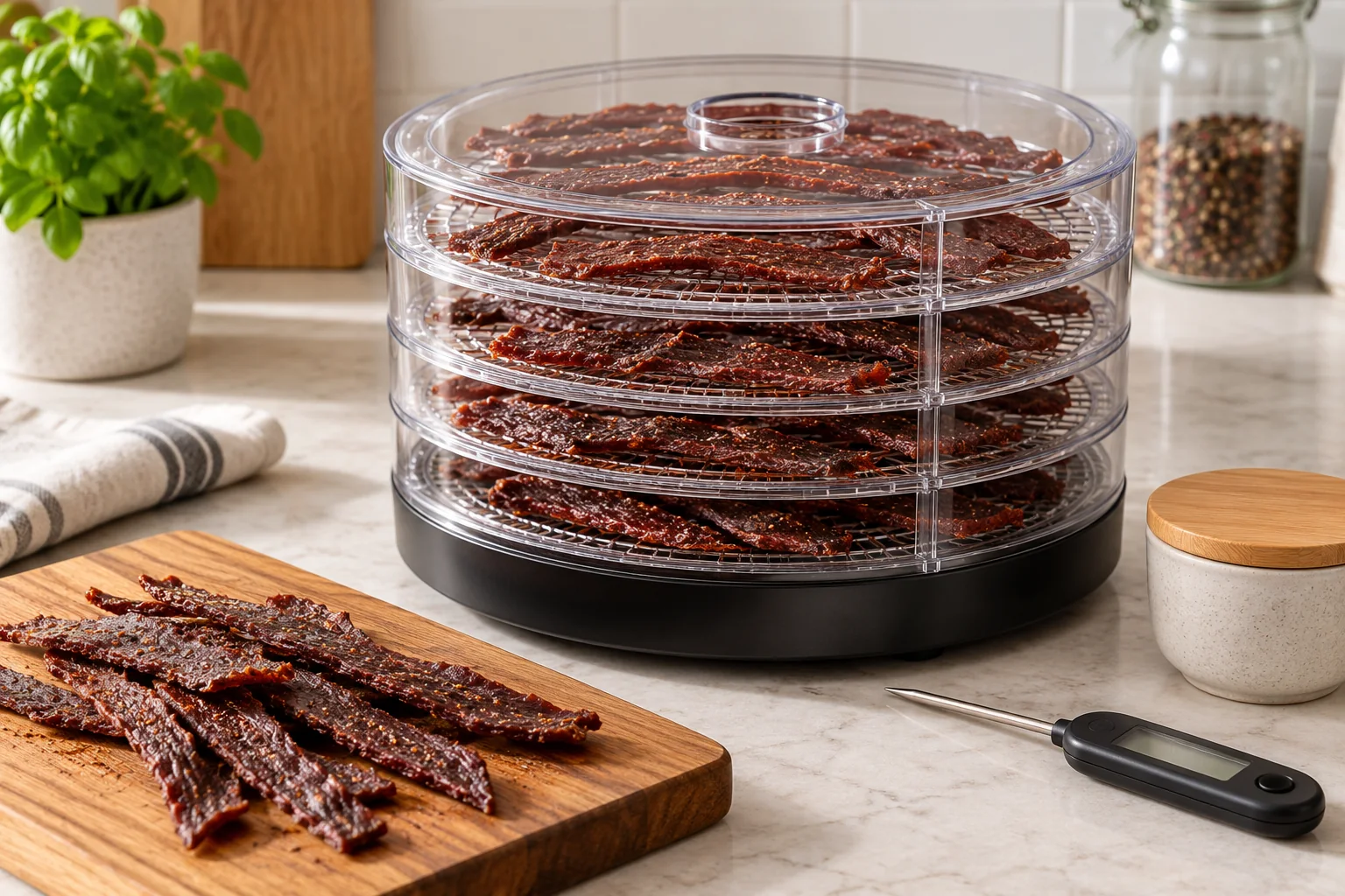 Uniform beef jerky strips on trays of a clean domestic food dehydrator with a food thermometer beside it