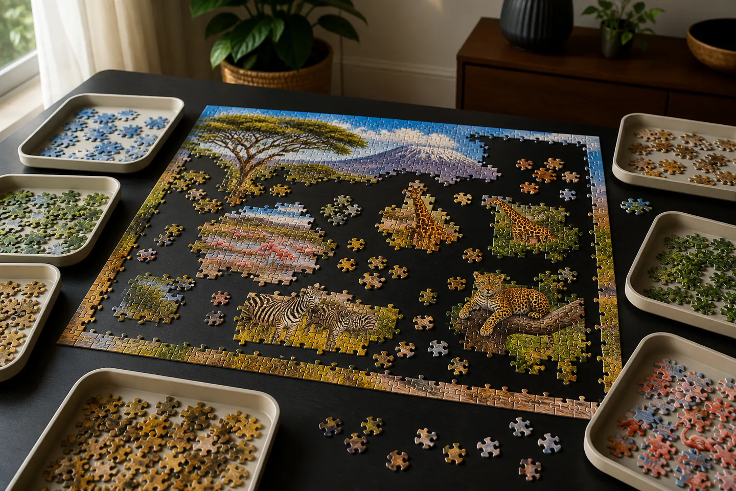 A colourful 500-piece jigsaw partly assembled with sorted edge pieces and colour groups in shallow trays on a well-lit table, no hands, box text or logos