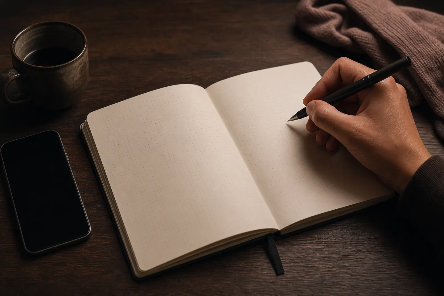 Hand holding a black pen above a blank dotted notebook on a dark desk, with a sleeping smartphone beside it