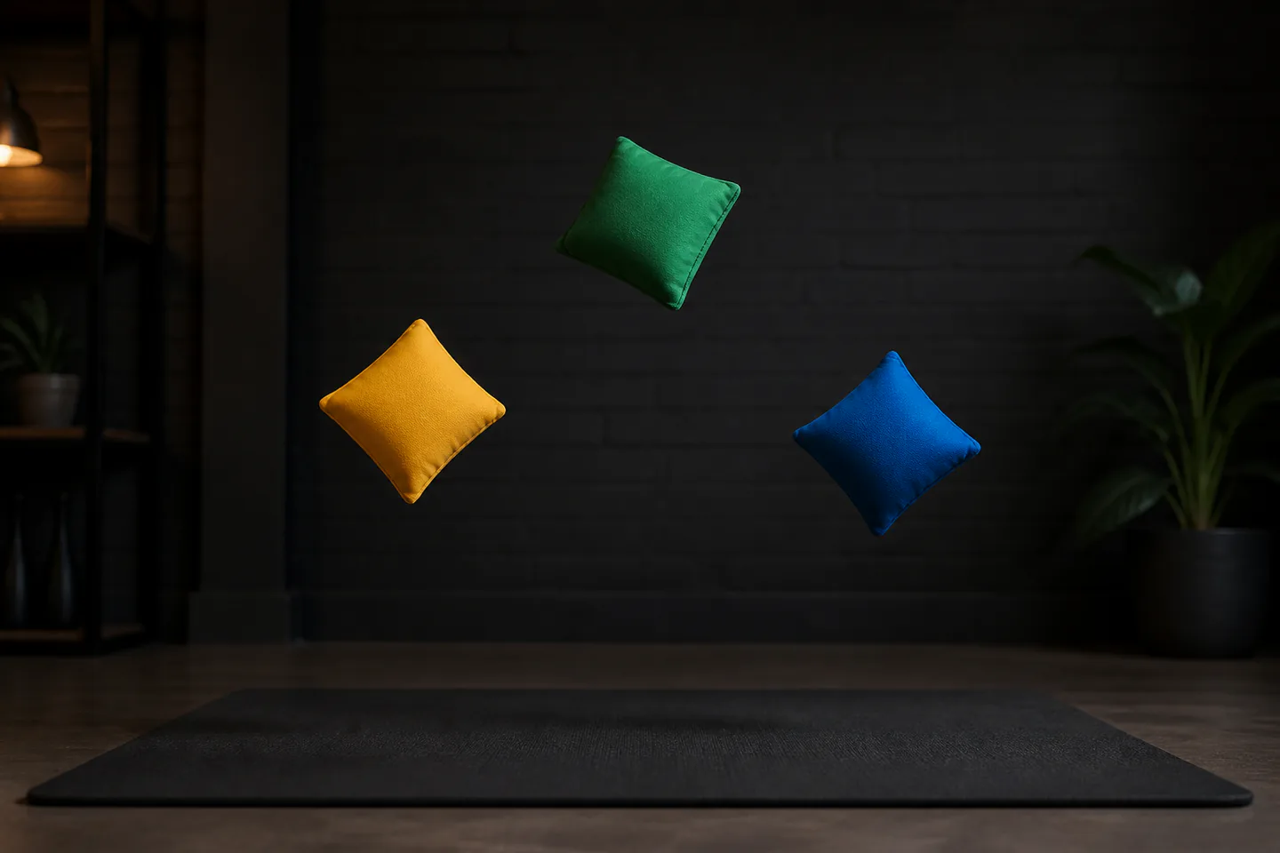Three matched colourful soft juggling beanbags arranged in a cascade arc above a plain dark floor mat with no visible person, text or logos