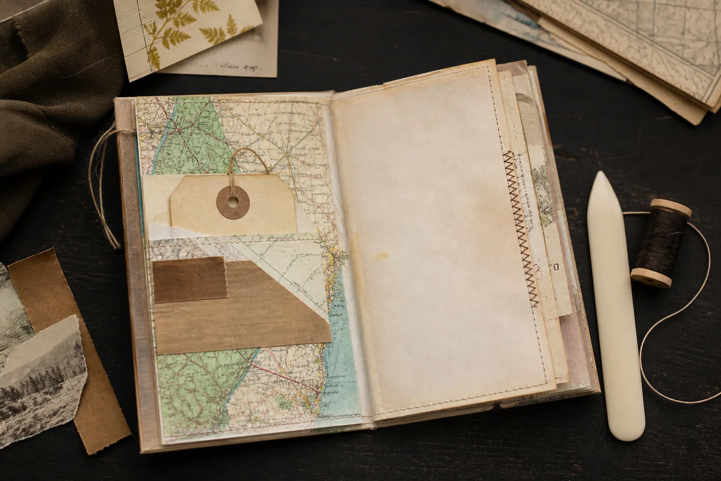 A small handmade junk journal open to layered vintage-style paper scraps, a pocket and handwritten note beside glue and thread