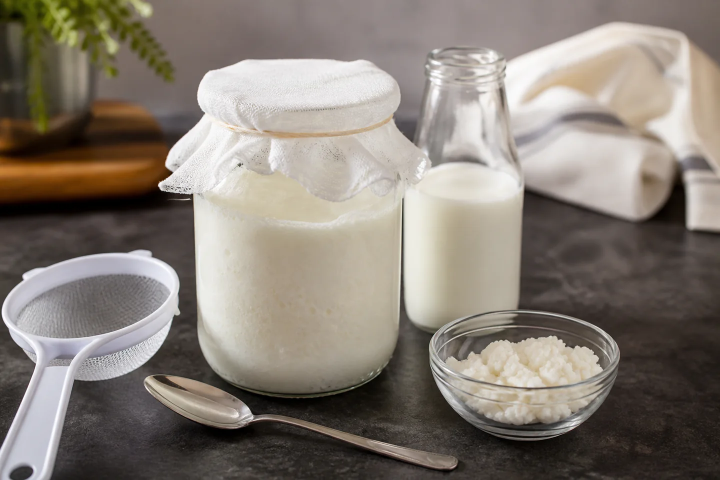 Glass jar of milk kefir beside a small strainer, clean spoon and covered bowl on a cool kitchen worktop