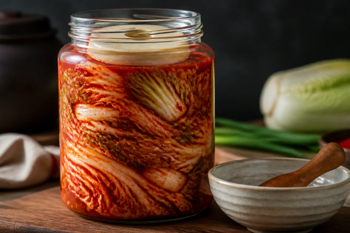 One-litre jar packed with seasoned napa-cabbage kimchi beside a ceramic fermentation weight