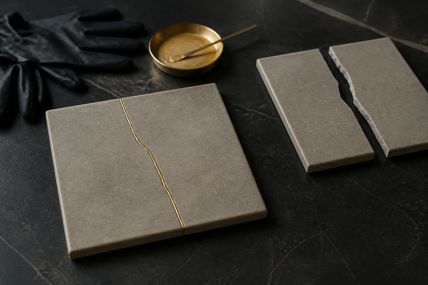 A small decorative ceramic tile repaired along one simple crack with a restrained gold-coloured line beside mixing tools and gloves
