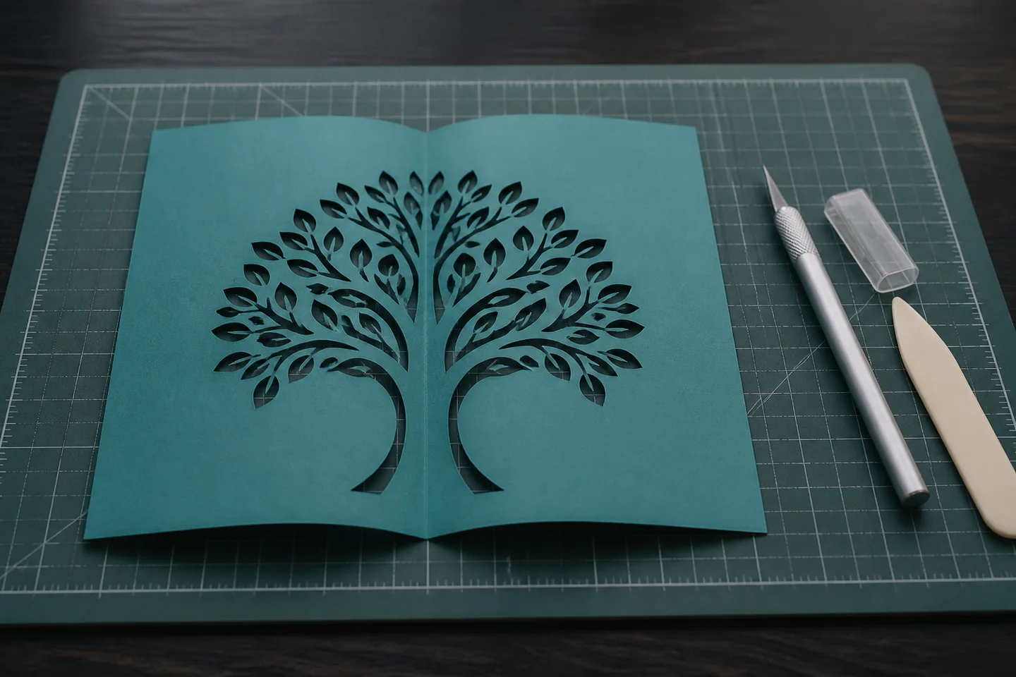 A folded sheet of coloured paper with precise geometric cuts beside an art knife and cutting mat, with one opened kirigami pattern