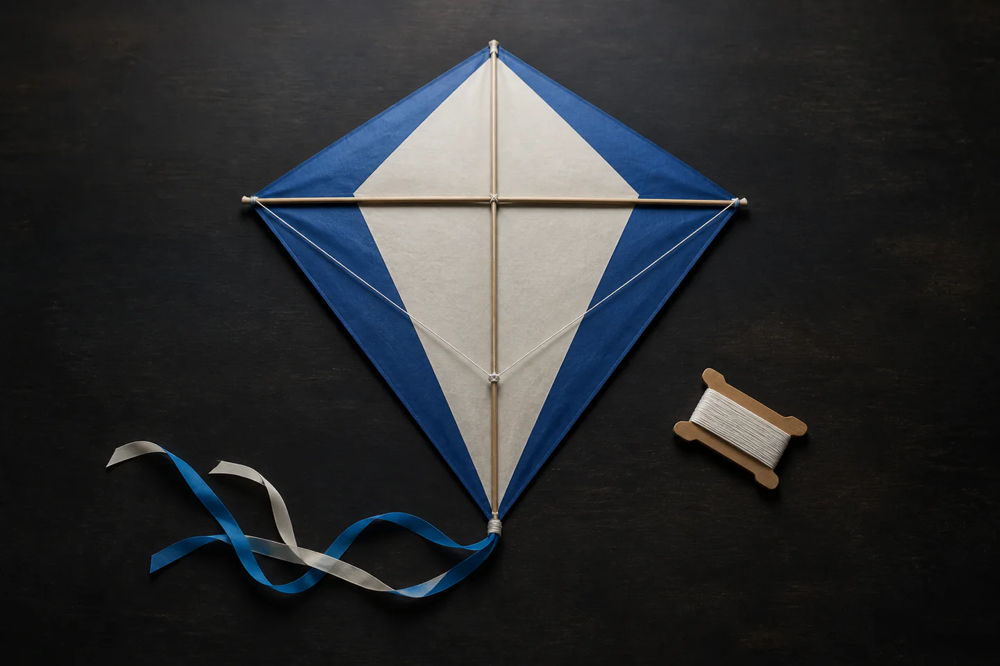 A handmade blue and cream diamond kite with simple wooden spars, tail and wound line resting on a worktable, no people, text or logos